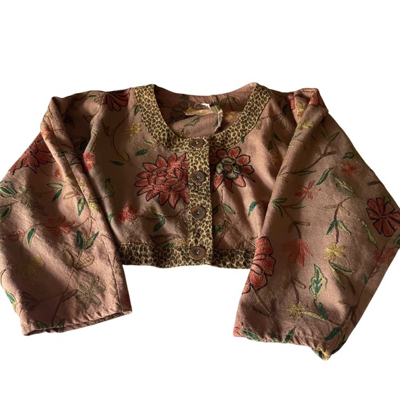 VTG‎ U.R.U. USA Embroidered Floral Jacket One Size Boho Art to Wear Leopard Trim - Picture 4 of 13